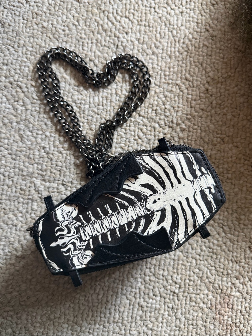 Black Coffin-Shaped Crossbody Bag with White Skeleton Print